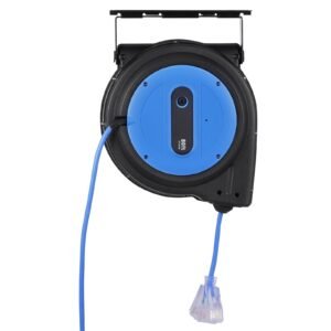 retractable extension cord reel, 80 ft, heavy duty 12awg/3c sjtow retractable power cord with lighted triple tap outlet, 15 amp circuit breaker 180° swivel bracket for ceiling or wall mount