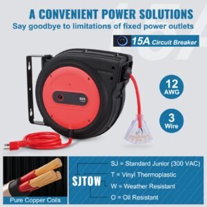 retractable extension cord reel, 80 ft, heavy duty 12awg/3c sjtow retractable power cord with lighted triple tap outlet, 15 amp circuit breaker 180° swivel bracket for ceiling or wall mount