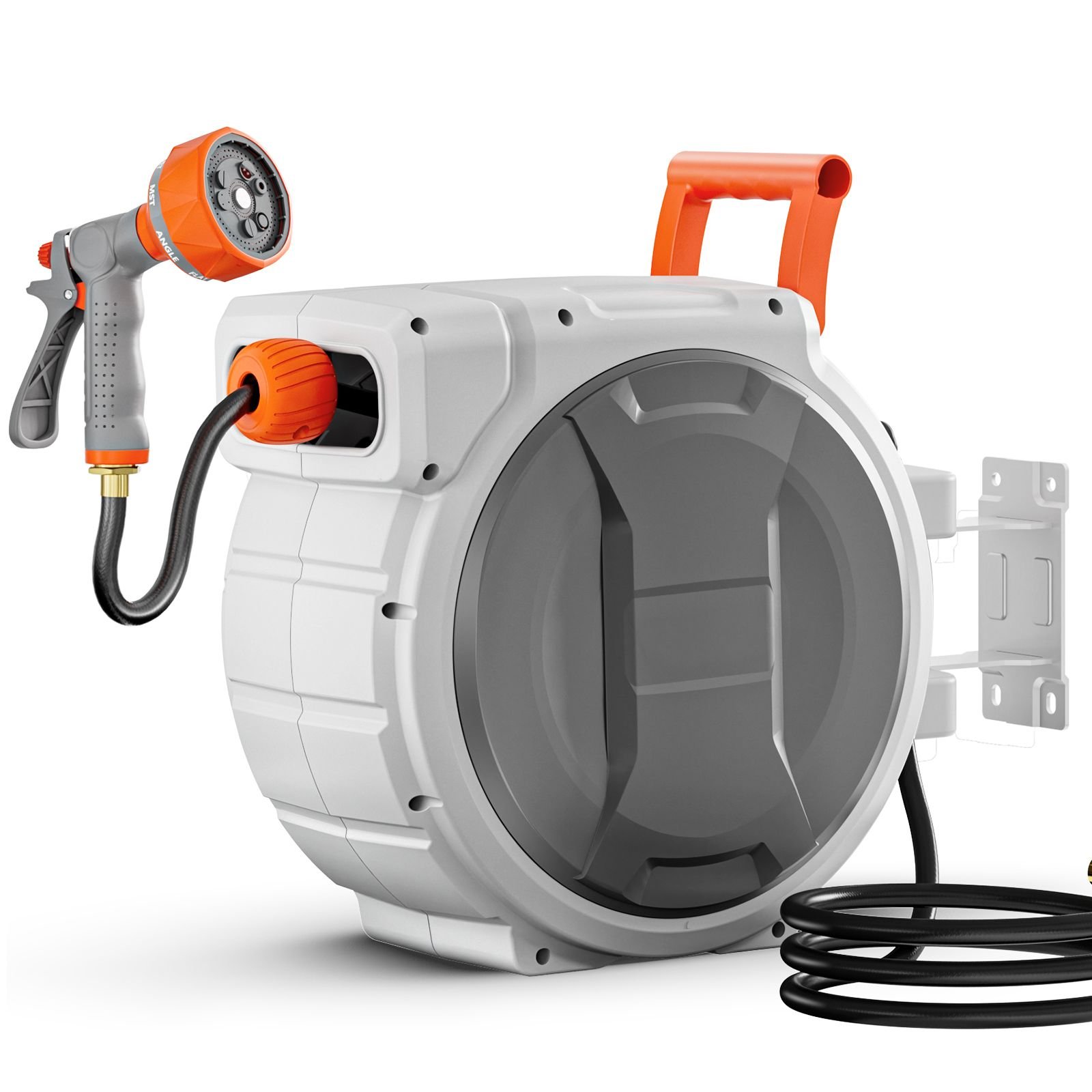 retractable garden hose reel, 1/2 inch x 145 ft wall mounted hose reel, heavy duty garden hose reel with 9 patterns nozzle, any length lock, upgraded slow return system and 180°swivel bracket