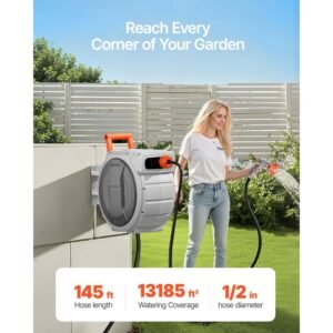 retractable garden hose reel, 1/2 inch x 145 ft wall mounted hose reel, heavy duty garden hose reel with 9 patterns nozzle, any length lock, upgraded slow return system and 180°swivel bracket