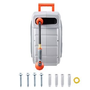 retractable garden hose reel, 1/2 inch x 145 ft wall mounted hose reel, heavy duty garden hose reel with 9 patterns nozzle, any length lock, upgraded slow return system and 180°swivel bracket