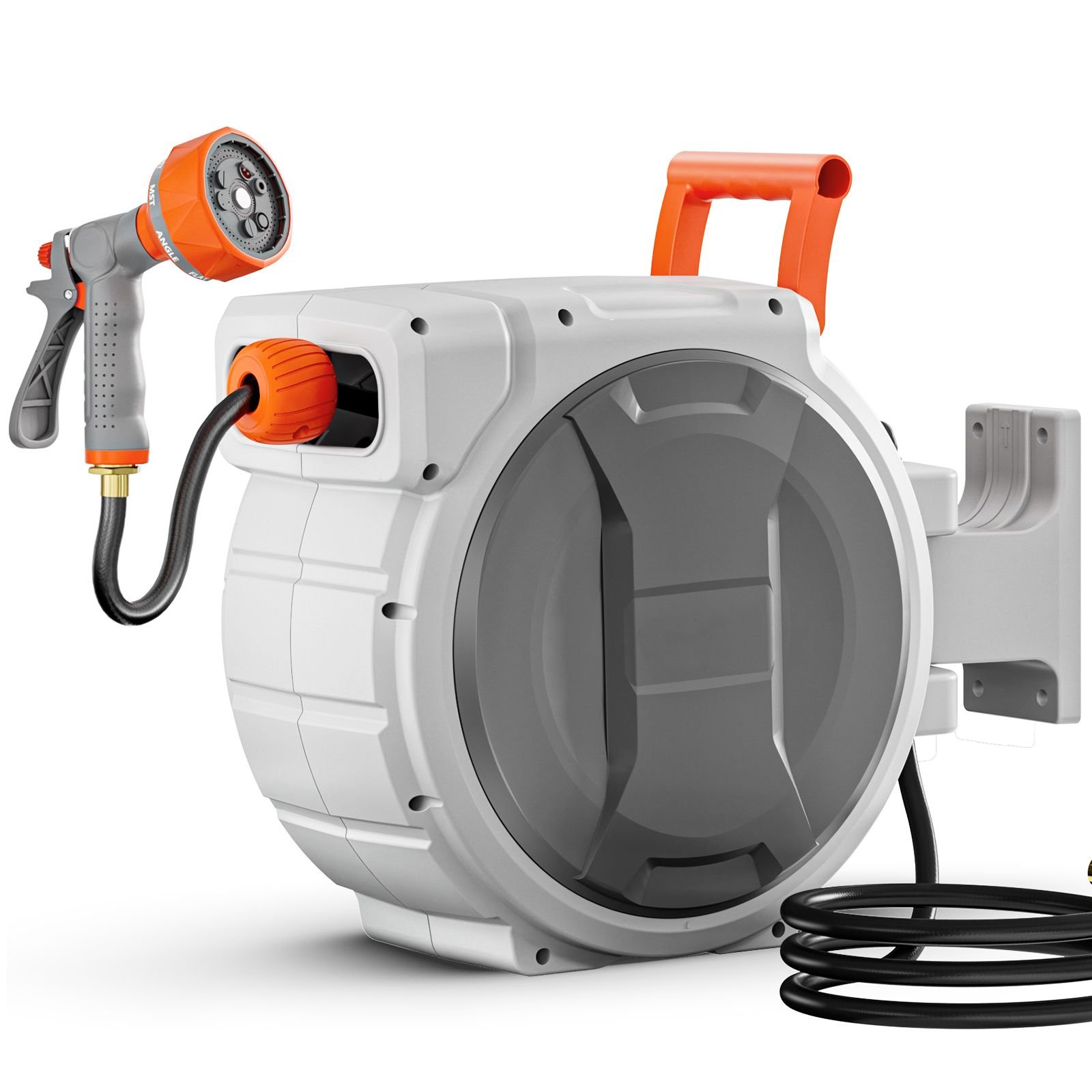 retractable garden hose reel, 1/2 inch x 65 ft wall mounted hose reel, heavy duty garden hose reel with 9 patterns nozzle, any length lock, upgraded slow return system and 180°swivel bracket