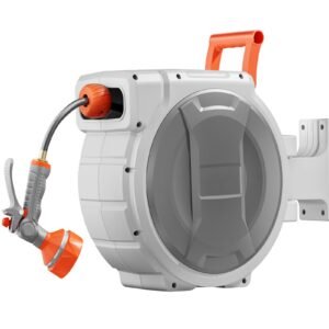 retractable garden hose reel, 1/2 inch x 65 ft wall mounted hose reel, heavy duty garden hose reel with 9 patterns nozzle, any length lock, upgraded slow return system and 180°swivel bracket