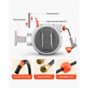 retractable garden hose reel, 1/2 inch x 65 ft wall mounted hose reel, heavy duty garden hose reel with 9 patterns nozzle, any length lock, upgraded slow return system and 180°swivel bracket