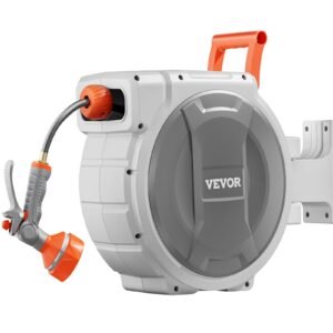 Retractable Garden Hose Reel, 1/2 Inch x 84 ft Wall Mounted Hose Reel, Heavy Duty Garden Hose Reel with 9 Patterns Nozzle, Any Length Lock, Upgraded Slow Return System and 180°Swivel Bracket