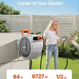 retractable garden hose reel, 1/2 inch x 84 ft wall mounted hose reel, heavy duty garden hose reel with 9 patterns nozzle, any length lock, upgraded slow return system and 180°swivel bracket
