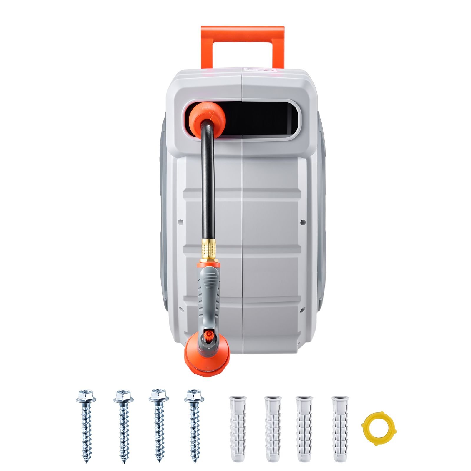 retractable garden hose reel, 5/8 inch x 100 ft wall mounted hose reel, heavy duty garden hose reel with 9 patterns nozzle, any length lock, upgraded slow return system and 180°swivel bracket
