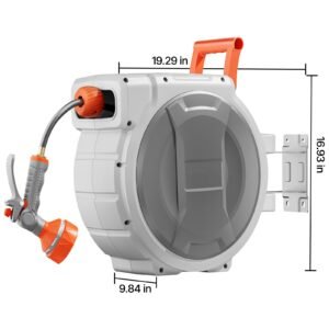retractable garden hose reel, 5/8 inch x 100 ft wall mounted hose reel, heavy duty garden hose reel with 9 patterns nozzle, any length lock, upgraded slow return system and 180°swivel bracket