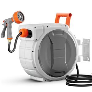retractable garden hose reel, 5/8 inch x 100 ft wall mounted hose reel, heavy duty garden hose reel with 9 patterns nozzle, any length lock, upgraded slow return system and 180°swivel bracket