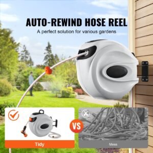 retractable hose reel, 115 ft x 1/2 inch, 180° swivel bracket wall mounted, garden water hose reel with 9 pattern nozzle, automatic rewind, lock at any length, and slow return system