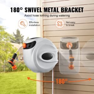 retractable hose reel, 115 ft x 1/2 inch, 180° swivel bracket wall mounted, garden water hose reel with 9 pattern nozzle, automatic rewind, lock at any length, and slow return system