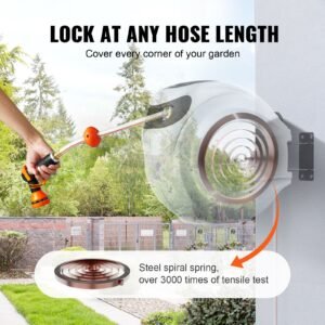 retractable hose reel, 115 ft x 1/2 inch, 180° swivel bracket wall mounted, garden water hose reel with 9 pattern nozzle, automatic rewind, lock at any length, and slow return system