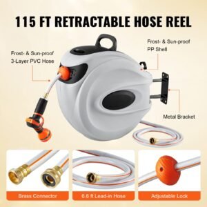 retractable hose reel, 115 ft x 1/2 inch, 180° swivel bracket wall mounted, garden water hose reel with 9 pattern nozzle, automatic rewind, lock at any length, and slow return system