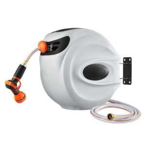 retractable hose reel, 130 ft x 1/2 inch, 180° swivel bracket wall mounted, garden water hose reel with 9 pattern nozzle, automatic rewind, lock at any length, and slow return system