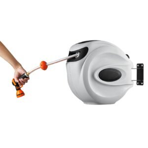 retractable hose reel, 130 ft x 1/2 inch, 180° swivel bracket wall mounted, garden water hose reel with 9 pattern nozzle, automatic rewind, lock at any length, and slow return system