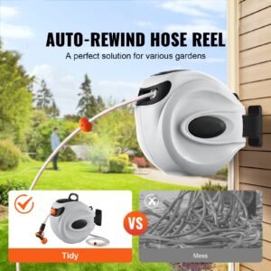 retractable hose reel, 65 ft x 5/8 inch, 180° swivel bracket wall mounted, garden water hose reel with 9 pattern nozzle, automatic rewind, lock at any length, and slow return system
