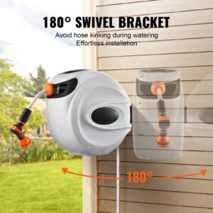 retractable hose reel, 65 ft x 5/8 inch, 180° swivel bracket wall mounted, garden water hose reel with 9 pattern nozzle, automatic rewind, lock at any length, and slow return system