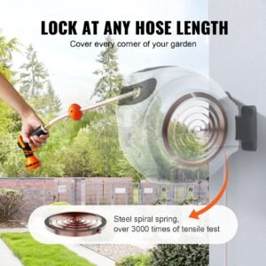 retractable hose reel, 65 ft x 5/8 inch, 180° swivel bracket wall mounted, garden water hose reel with 9 pattern nozzle, automatic rewind, lock at any length, and slow return system