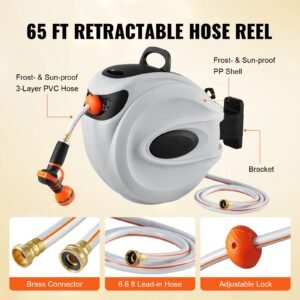 retractable hose reel, 65 ft x 5/8 inch, 180° swivel bracket wall mounted, garden water hose reel with 9 pattern nozzle, automatic rewind, lock at any length, and slow return system