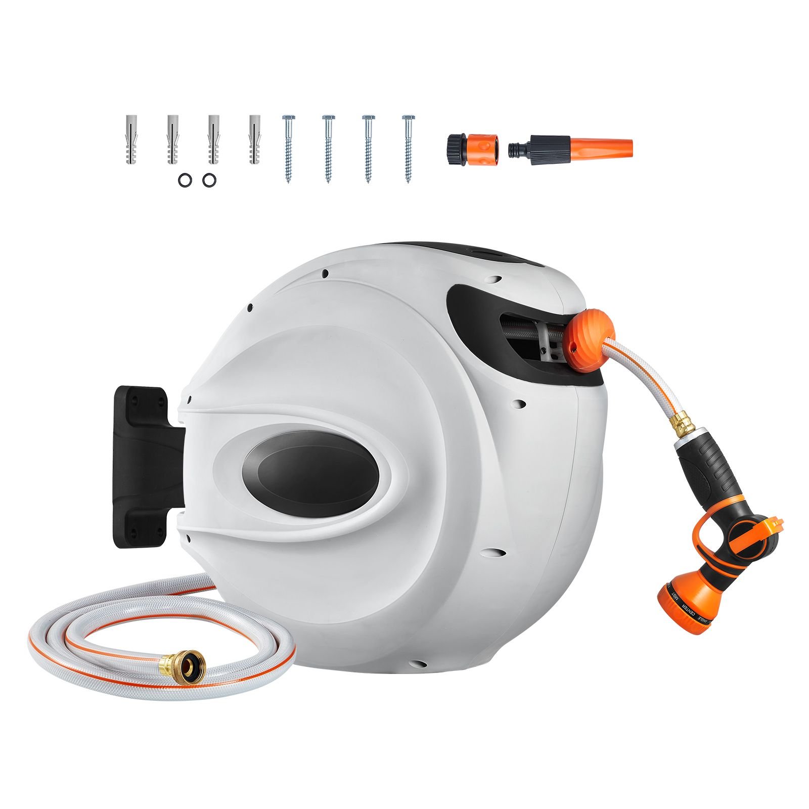 retractable hose reel, 65 ft x 5/8 inch, 180° swivel bracket wall mounted, garden water hose reel with 9 pattern nozzle, automatic rewind, lock at any length, and slow return system