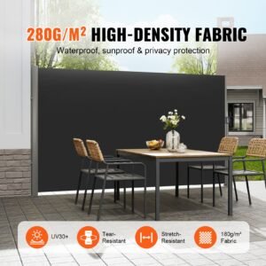 retractable side awning, 71''x 118'' aluminum outdoor privacy screen, 280g polyester water proof retractable patio screen, uv 30+ room divider wind screen for patio, backyard, balcony, black