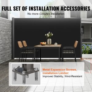 retractable side awning, 71''x 118'' aluminum outdoor privacy screen, 280g polyester water proof retractable patio screen, uv 30+ room divider wind screen for patio, backyard, balcony, black