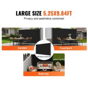 retractable side awning, 71''x 118'' aluminum outdoor privacy screen, 280g polyester water proof retractable patio screen, uv 30+ room divider wind screen for patio, backyard, balcony, black