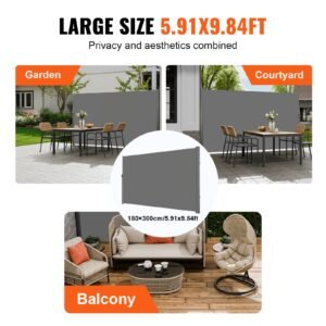 retractable side awning, 71''x 118'' aluminum outdoor privacy screen, 280g polyester water proof retractable patio screen, uv 30+ room divider wind screen for patio, backyard, balcony, gray