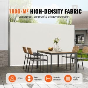 retractable side awning, 71''x 138'' outdoor privacy screen, 180g polyester water proof retractable patio screen, uv 30+ room divider wind screen for patio, backyard, balcony, beige