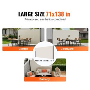 retractable side awning, 71''x 138'' outdoor privacy screen, 180g polyester water proof retractable patio screen, uv 30+ room divider wind screen for patio, backyard, balcony, beige