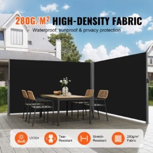retractable side awning, 71''x 236'' aluminum outdoor privacy screen, 280g polyester water proof retractable patio screen, uv 30+ room divider wind screen for patio, backyard, balcony, black