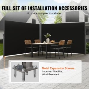 retractable side awning, 71''x 236'' aluminum outdoor privacy screen, 280g polyester water proof retractable patio screen, uv 30+ room divider wind screen for patio, backyard, balcony, black