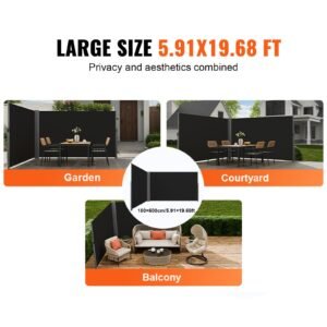 retractable side awning, 71''x 236'' aluminum outdoor privacy screen, 280g polyester water proof retractable patio screen, uv 30+ room divider wind screen for patio, backyard, balcony, black
