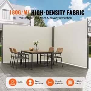 retractable side awning, 79''x 236'' outdoor privacy screen, 180g polyester water proof retractable patio screen, uv 30+ room divider wind screen for patio, backyard, balcony, beige