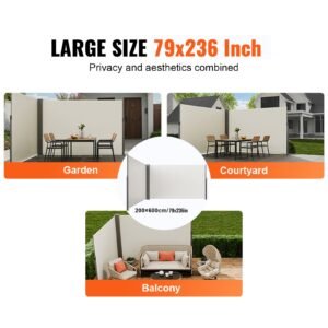 retractable side awning, 79''x 236'' outdoor privacy screen, 180g polyester water proof retractable patio screen, uv 30+ room divider wind screen for patio, backyard, balcony, beige