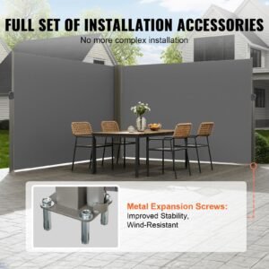 retractable side awning, 79''x 236'' outdoor privacy screen, 180g polyester water proof retractable patio screen, uv 30+ room divider wind screen for patio, backyard, balcony, gray