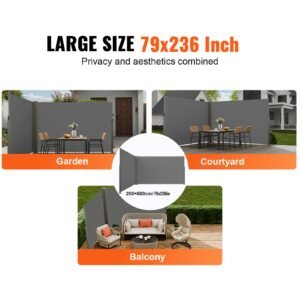 retractable side awning, 79''x 236'' outdoor privacy screen, 180g polyester water proof retractable patio screen, uv 30+ room divider wind screen for patio, backyard, balcony, gray