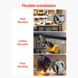 retractable welding hose reel, 1/4 inch x 50ft twin oxygen acetylene rubber hose max 300psi r grade, ceiling/wall mount heavy duty steel hose reel auto rewind, ideal for workshops garages