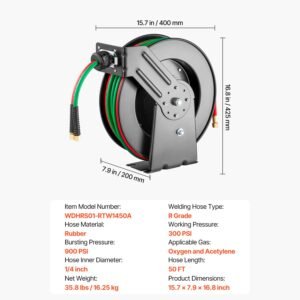 retractable welding hose reel, 1/4 inch x 50ft twin oxygen acetylene rubber hose max 300psi r grade, ceiling/wall mount heavy duty steel hose reel auto rewind, ideal for workshops garages