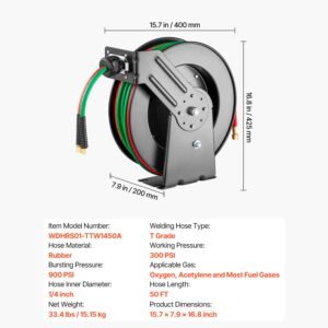 retractable welding hose reel, 1/4 inch x 50ft twin oxygen acetylene rubber hose max 300psi t grade, ceiling/wall mount heavy duty steel hose reel auto rewind, ideal for workshops garages