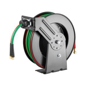 retractable welding hose reel, 1/4 inch x 50ft twin oxygen acetylene rubber hose max 300psi t grade, ceiling/wall mount heavy duty steel hose reel auto rewind, ideal for workshops garages