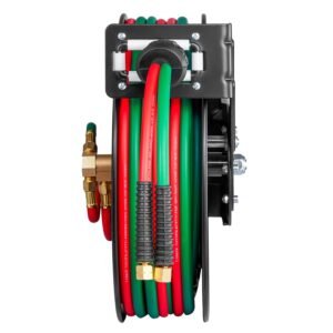 retractable welding hose reel, 1/4 inch x 50ft twin oxygen acetylene rubber hose max 300psi t grade, ceiling/wall mount heavy duty steel hose reel auto rewind, ideal for workshops garages