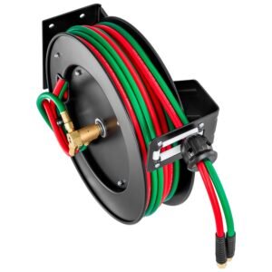retractable welding hose reel, 1/4 inch x 50ft twin oxygen acetylene rubber hose max 300psi t grade, ceiling/wall mount heavy duty steel hose reel auto rewind, ideal for workshops garages