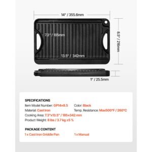 reversible grill/griddle, 14x8.5 inch pre seasoned cast iron griddle, portable rectangular pan with handle, family cookware for indoor/outdoor stove top burner, gas, camping bbq, black