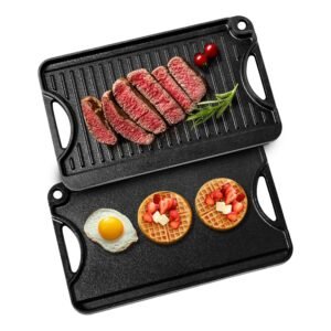 reversible grill/griddle, 14x8.5 inch pre seasoned cast iron griddle, portable rectangular pan with handle, family cookware for indoor/outdoor stove top burner, gas, camping bbq, black