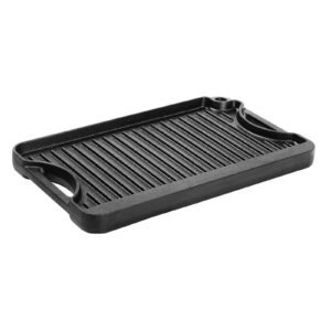 reversible grill/griddle, 14x8.5 inch pre seasoned cast iron griddle, portable rectangular pan with handle, family cookware for indoor/outdoor stove top burner, gas, camping bbq, black