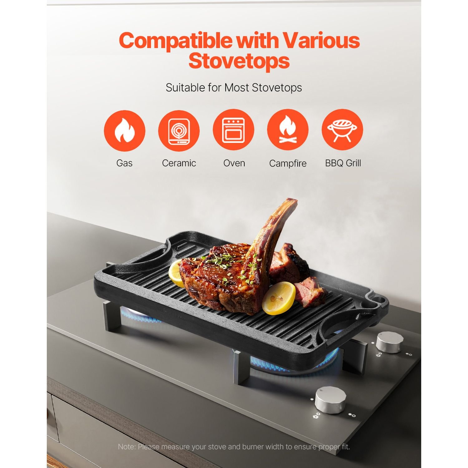 reversible grill/griddle, 14x8.5 inch pre seasoned cast iron griddle, portable rectangular pan with handle, family cookware for indoor/outdoor stove top burner, gas, camping bbq, black