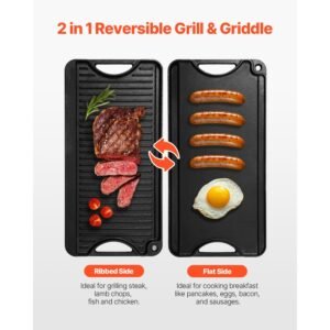 reversible grill/griddle, 20x10 inch pre seasoned cast iron griddle, portable rectangular pan with handle, family cookware for indoor/outdoor stove top burner, gas, camping bbq, black