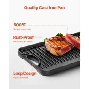 reversible grill/griddle, 20x10 inch pre seasoned cast iron griddle, portable rectangular pan with handle, family cookware for indoor/outdoor stove top burner, gas, camping bbq, black
