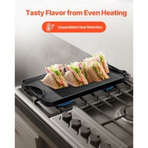 reversible grill/griddle, 20x10 inch pre seasoned cast iron griddle, portable rectangular pan with handle, family cookware for indoor/outdoor stove top burner, gas, camping bbq, black